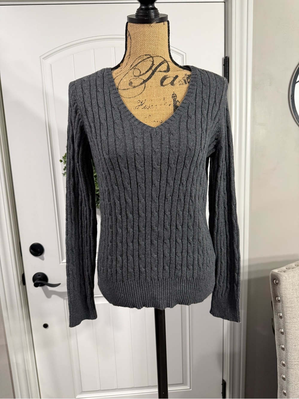 St. John's Bay Women's V-Neck Cable Knit Sweater - Charcoal